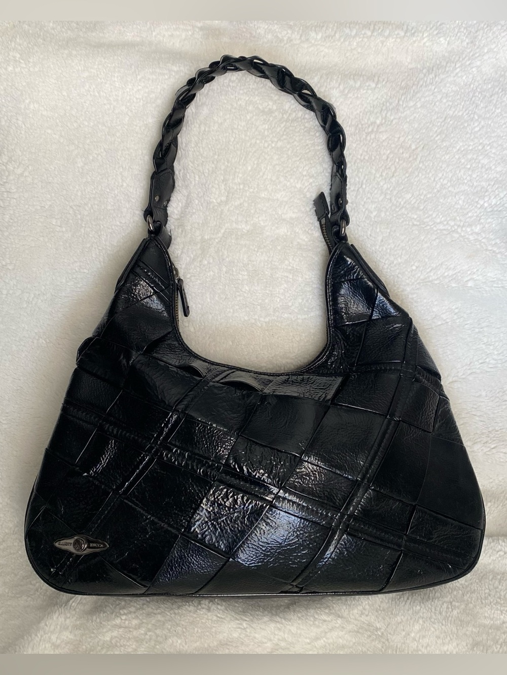 Elliott Lucca Woven Patent Pig Leather Black Shoulder Bag Silver Hardware READ